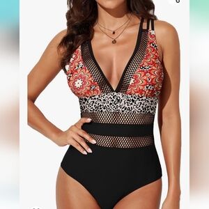 Sexy Mesh V Neck One Piece Swimsuit Tummy Control High‎ Waisted SZ S NWOT